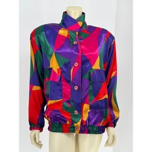 Mighty Vintage 80s Silk Neck Tie Bow Geometric Harlequin Bomber Blouse Jacket